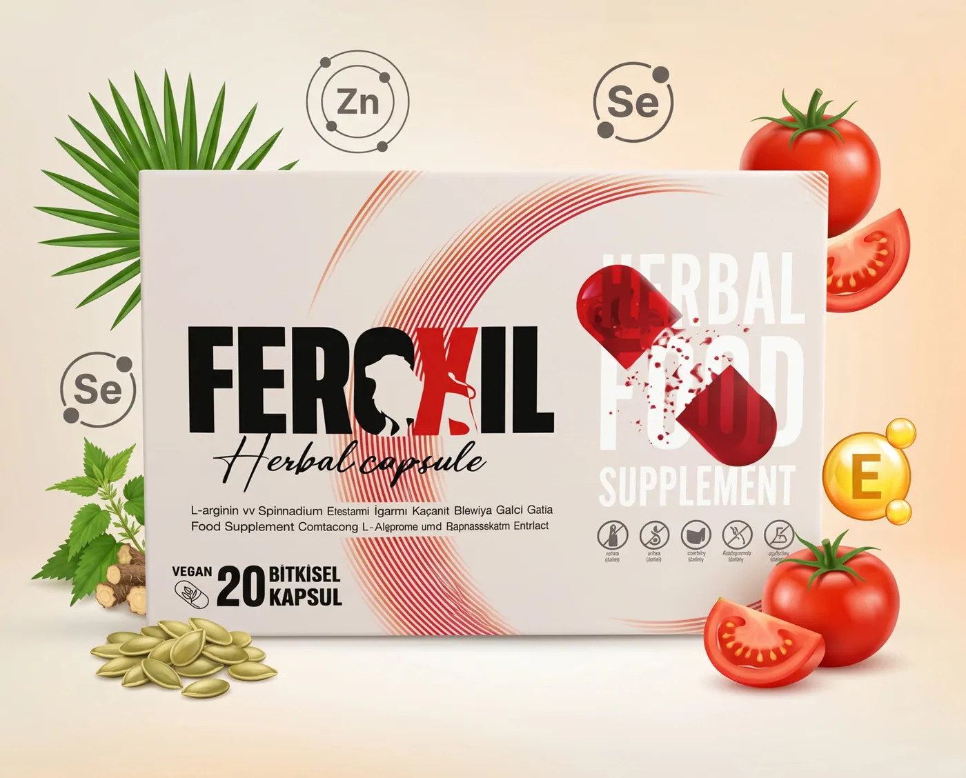Feroxil kutusu ve bileşenleri — çinko, selenyum, likopen, kabak çekirdeği