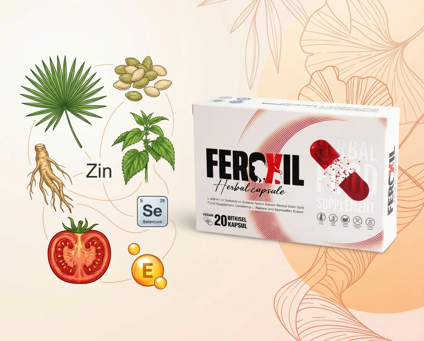 Feroxil 20 bitkisel kapsül kutusu — saw palmetto, ısırgan, E vitamini