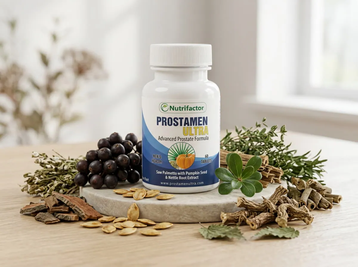 Prostamen Ultra şişesi ve bitkisel bileşenleri — saw palmetto, kabak çekirdeği