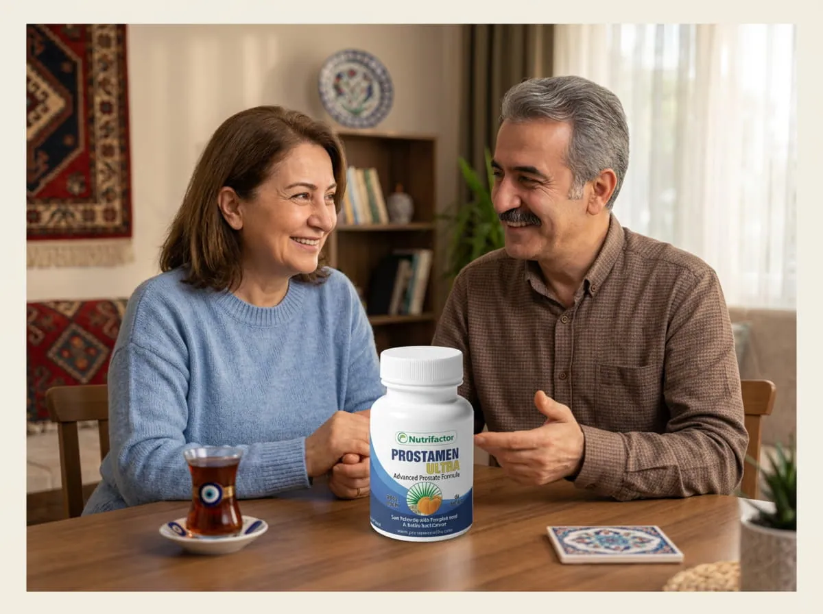 Prostamen Ultra şişesiyle çay içen olgun Türk çifti