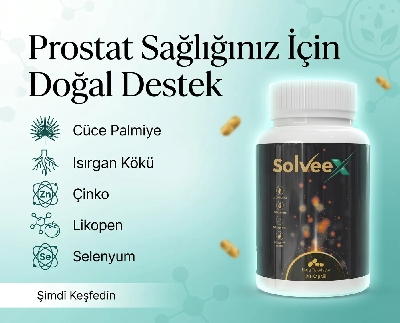 Solveex şişesi ve beş bileşeni — cüce palmiye, ısırgan kökü, çinko, likopen, selenyum