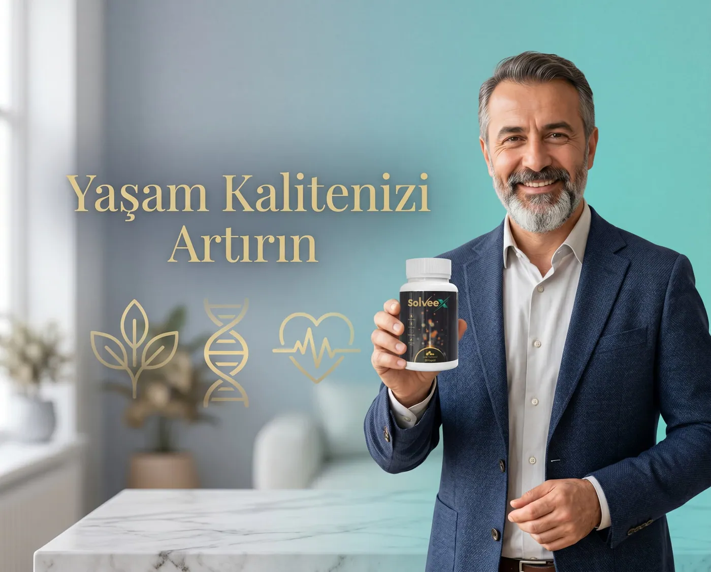 Elinde Solveex şişesi tutan orta yaşlı erkek — yaşam kalitesi